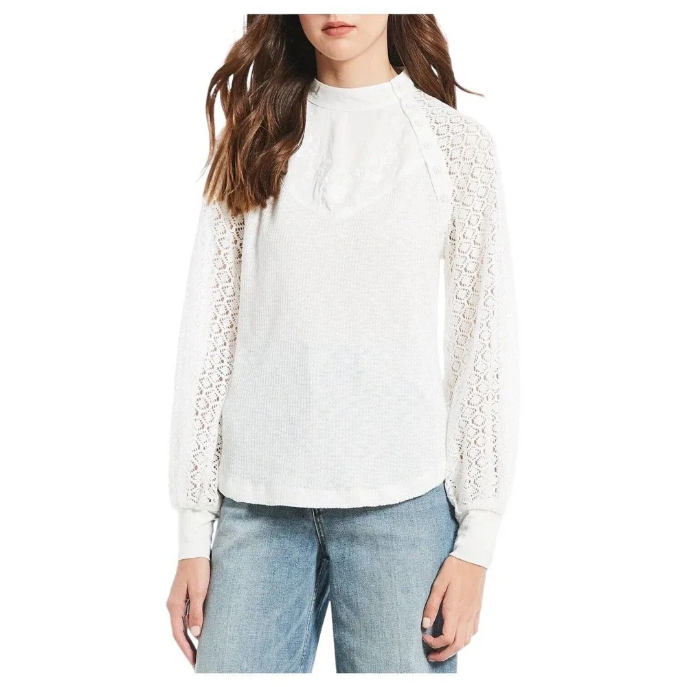 Free People Top Womens S Sweetest Thing Waffle Embroidered Boho Peasant Ivory - Picture 16 of 16